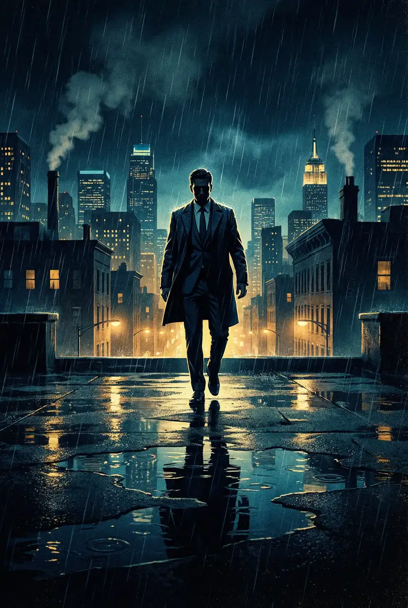 绀碧之馆 出品影片《雨夜独行者》海报，雨中城市屋顶男性剪影